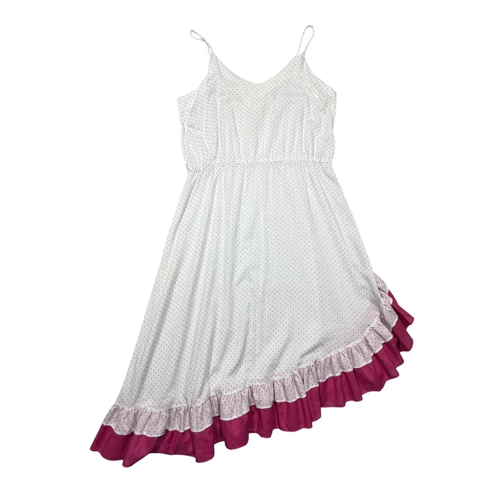 Vintage 80s White Pink Polka Dot Cotton Blend Ruffle Asymmetric Dress Trad